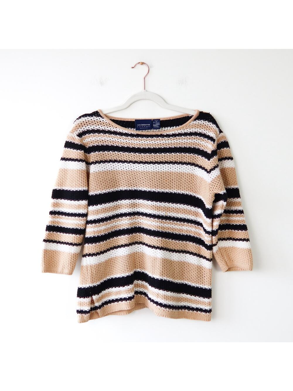 Y2K Striped Knit Cotton Boatneck Sweater Medium Petite Boho